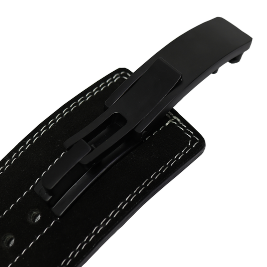 Close-up of black lever buckle on Aegis 10mm powerlifting belt