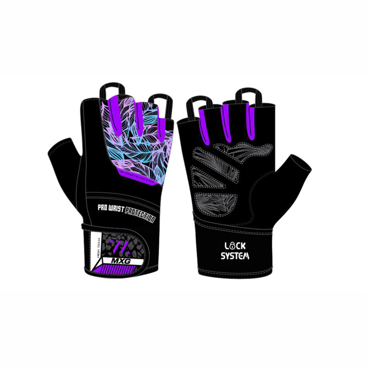 Black gloves with purple accents on a white background