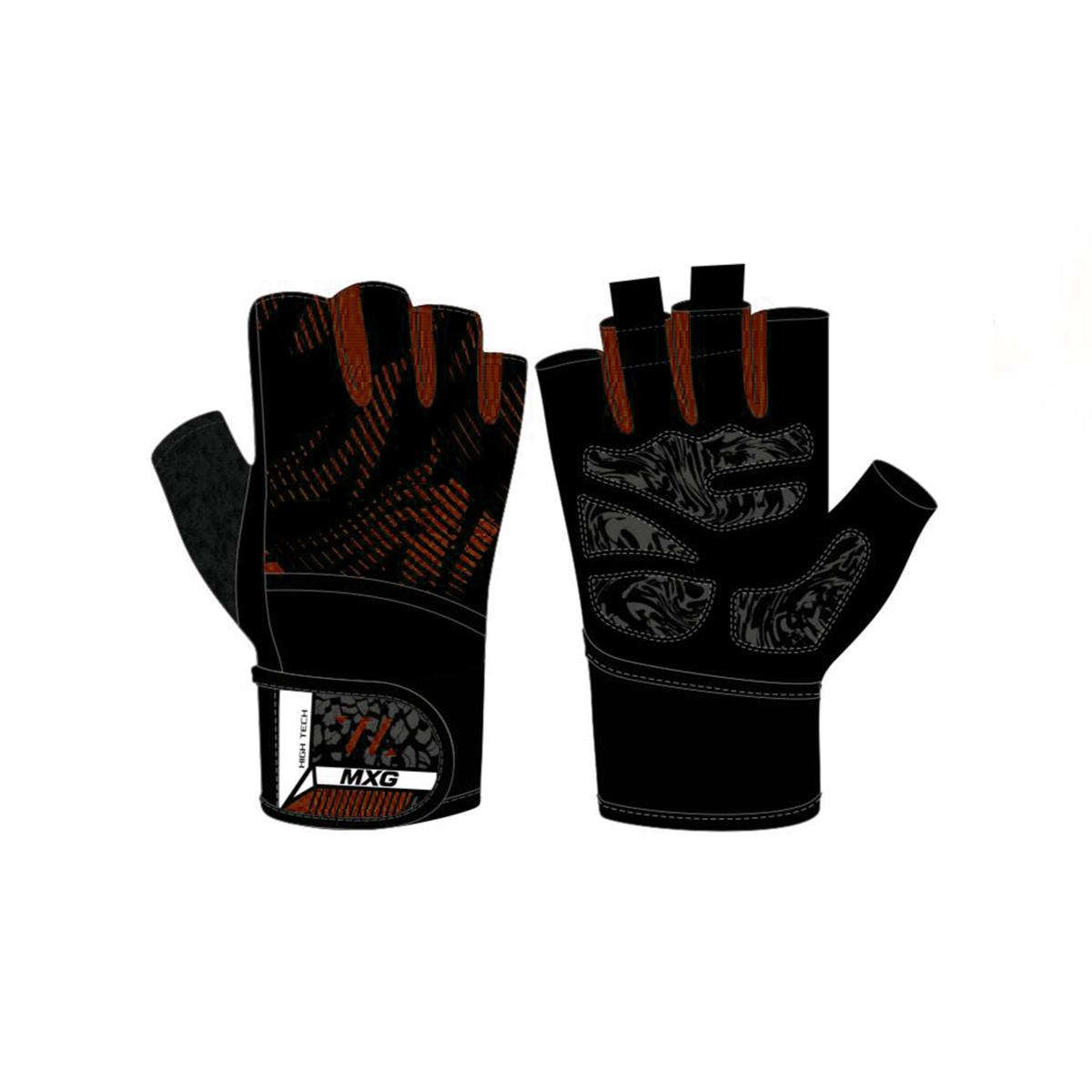 Black and orange gloves with brand logo on a white background