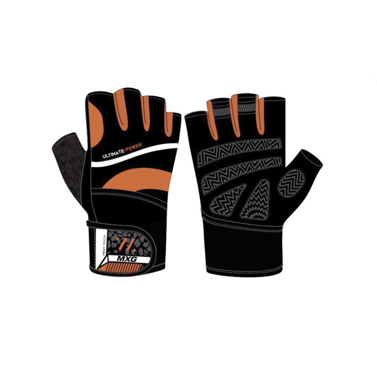 Pair of black and orange gloves with unique patterns on a white background
