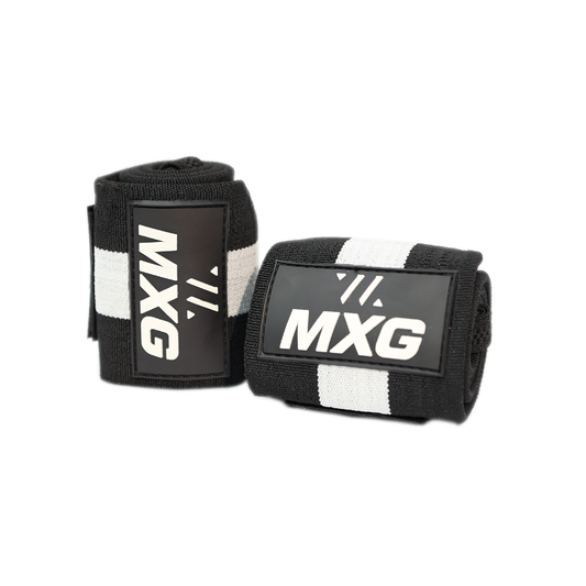 Ardent heavy-duty wrist wraps in black and white, rolled pair with thumb loop